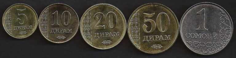 Read more about the article TAJIKISTAN 5-50 Diram  1 Somoni 2011 5 pc Coin Set KM23-27 UNCIRCULATED