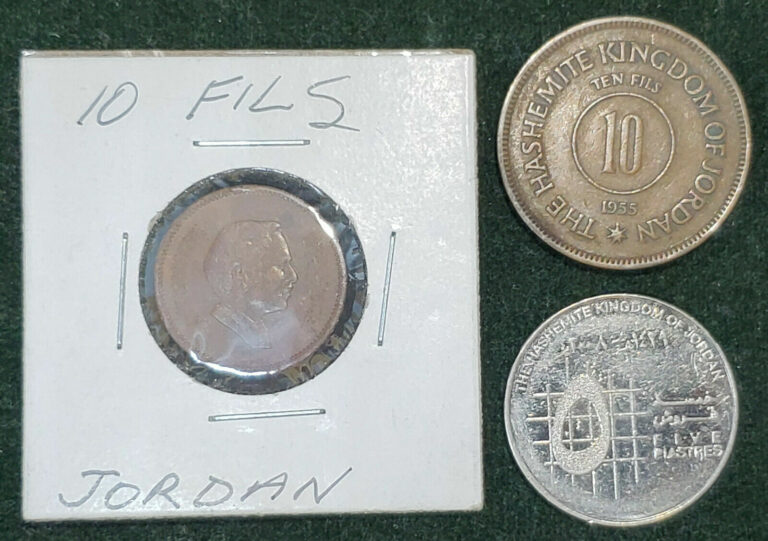 Read more about the article JORDAN LOT OF 3 RARE COINS COLLECTION COIN 10 FILS 1955 1978 5 PIASTRES 2007
