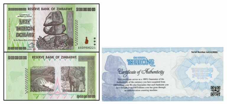 Read more about the article Zimbabwe 50 TRILLION DOLLAR BILL AA/2008 UNC P-90 100% COA genuine 1 Note bundle