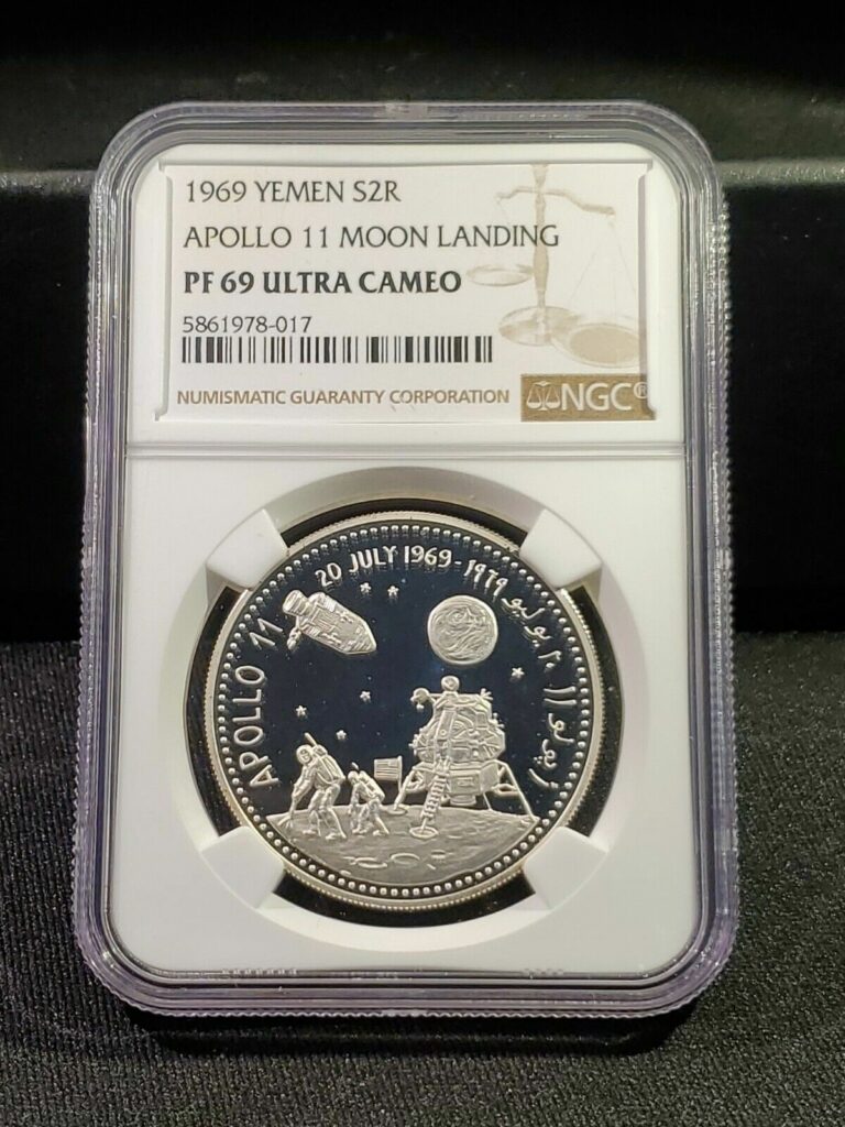 Read more about the article 1969 Yemen 2 Riyal – Apollo 11 Moon Landing – NGC PF69 Ultra Cameo