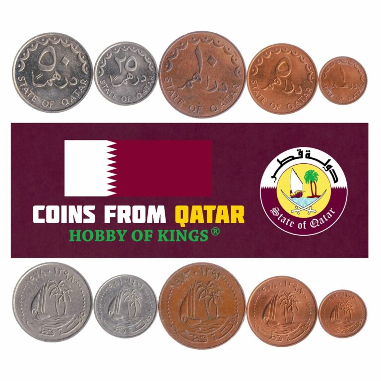 Read more about the article Qatari 5 Coin Set 1 5 10 25 50 Dirhams | Palm Trees | Dhow | 1972 – 1998