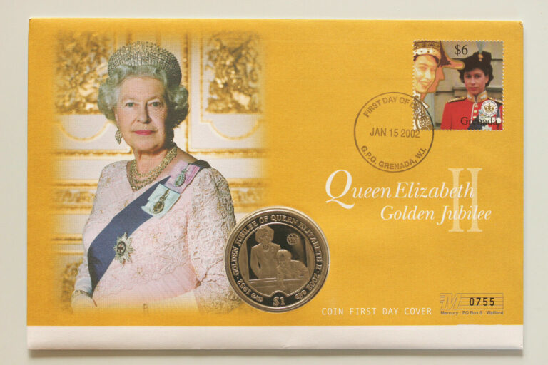 Read more about the article 2002 Elizabeth Golden jubilee Grenada Cover  Sierra Leone $1 coin SNo27006