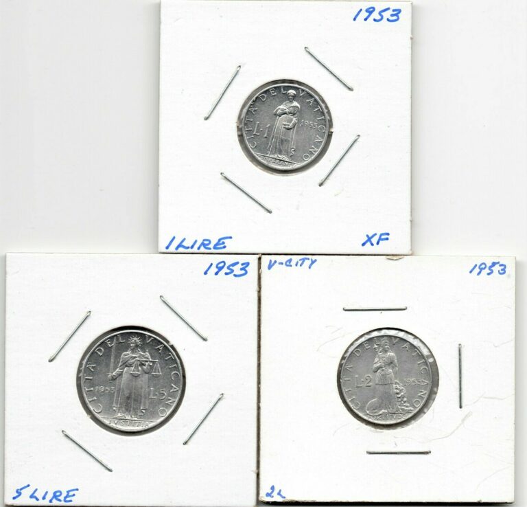 Read more about the article 3 coins 1953 Vatican City 1 2 5 Lire Pope Pius XII Italy coin High grade scarce
