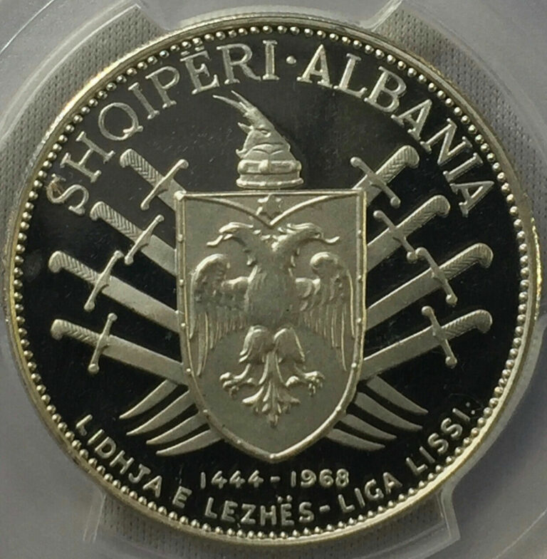 Read more about the article 1968 Albania 5 Leke Victory over the Turks GEM PCGS PR66DCAM SWORDS AND MIRRORS