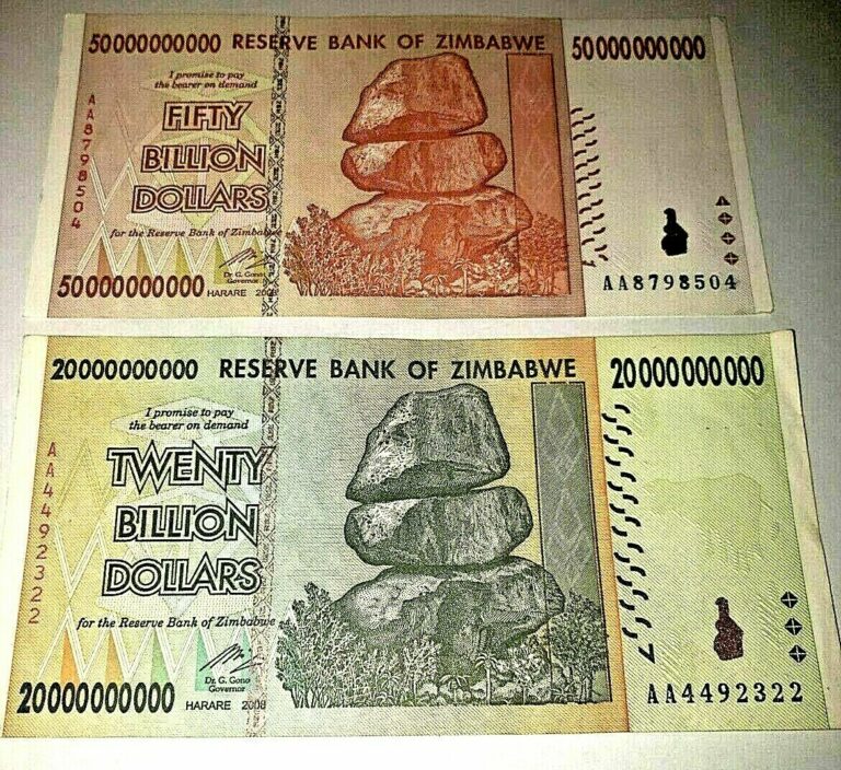 Read more about the article Zimbabwe 50 20 BILLION inflation AUTHENTIC guaranteed bank notes currency