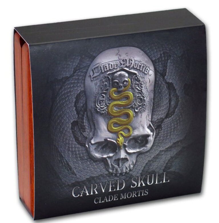 Read more about the article 2018 Clade Mortis Carved Skull 1 oz Antique finish .999 Silver Coin Cameroon