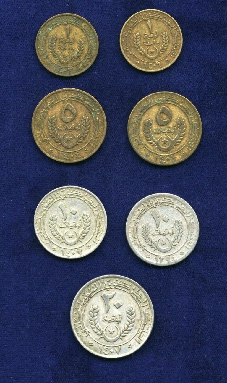 Read more about the article MAURITANIA  1974-1987  1 to 20 OUGUIYA COINS  CIRCULATED  KM-3-6  LOT OF (7)