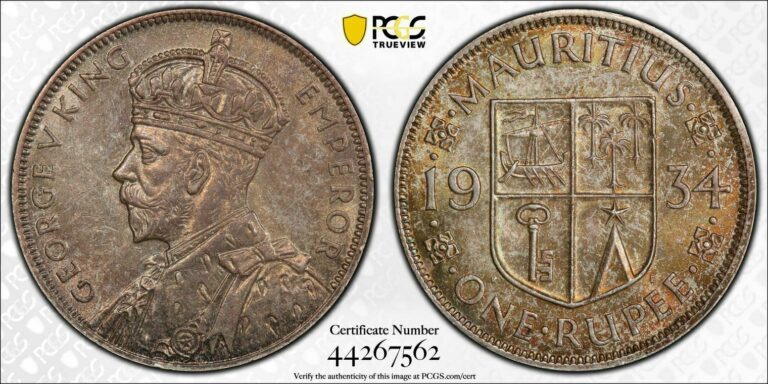 Read more about the article British Mauritius  1934 George V Rupee. PCGS MS 64+. 1 500 000 Mintage.