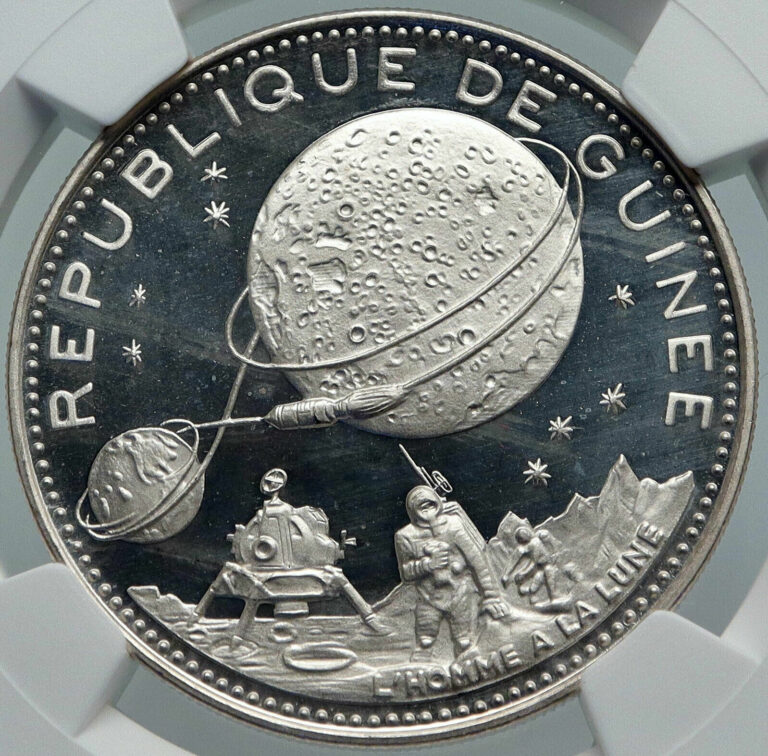 Read more about the article 1969 GUINEA Space NASA Moon Landing OLD Proof Silver 250 Francs Coin NGC i85993