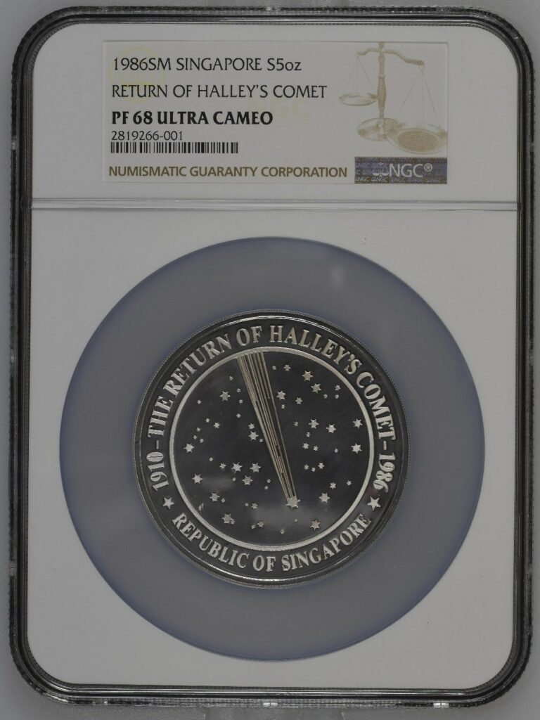 Read more about the article 1986 SINGAPORE HALEY’S COMET 5OZ SILVER NGC PF 68 UC TOP POP #1