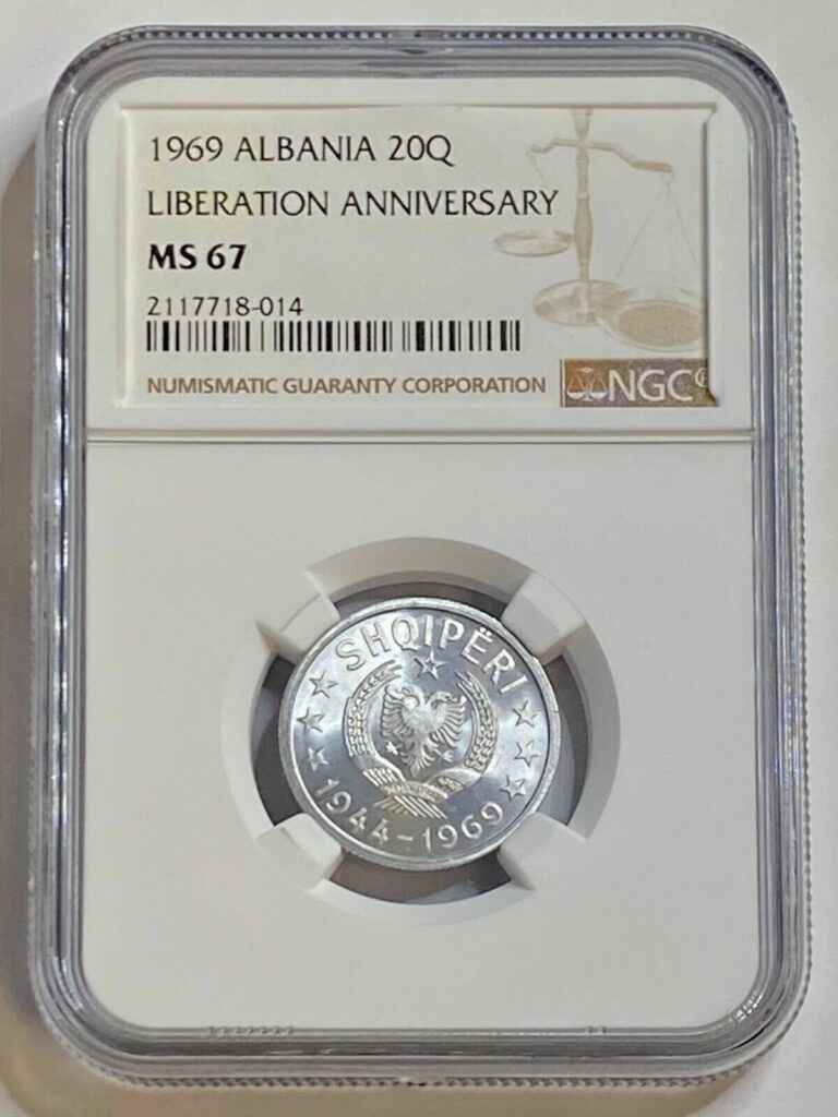 Read more about the article 1969 ALBANIA 20 QINDARKA LIBERATION ANNIV UNC NGC MS 67 FINEST KNOWN WORLDWIDE