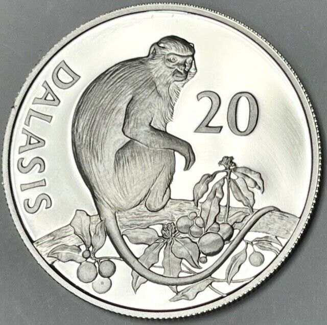 Read more about the article The GAMBIA – Colobus Monkey – 20 Dalasis – 1987 – PROOF Silver Coin