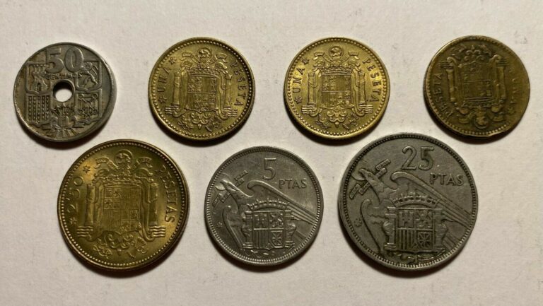 Read more about the article Spain lot of 7 coins – 50 Centimos  1  2 1/2  5  25 Ptas (1949 – 1966) Francisco