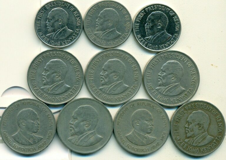 Read more about the article 10 DIFFERENT 1 SHILLING COINS..KENYA..1968/69/71/75/78/80/89/2005/09/10..4 TYPES