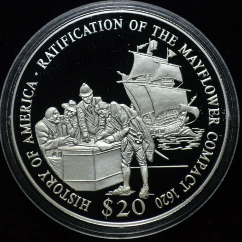 Read more about the article Liberia 2000 Large Silver Proof $20-Mayflower Sailng Ship Landing