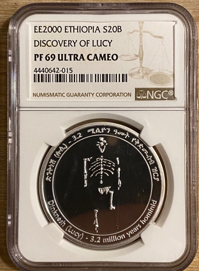 Read more about the article Ethiopia 20 birr 2000 Millennium Discover of Lucy Skeleton Silver NGC PF69 UCAM