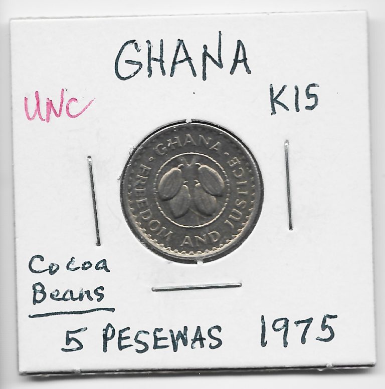 Read more about the article Ghana 5 Pesewas 1975 K15. Cocoa Beans. Royal Mint in UK. Obsolete.