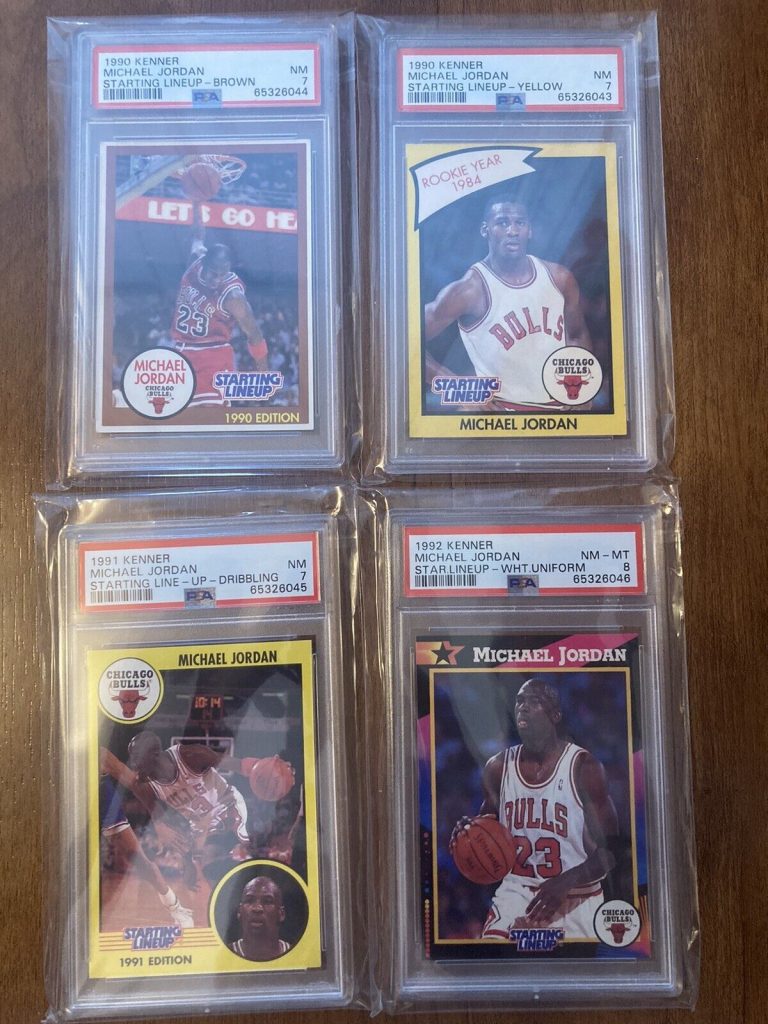 Read more about the article 4 Card Michael Jordan Starting Lineup PSA 7 and 8 Lot 1990  1991  1992 Rare! Yo