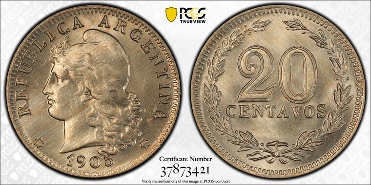 Read more about the article 1905 Argentina 20 Centavos  PCGS MS64