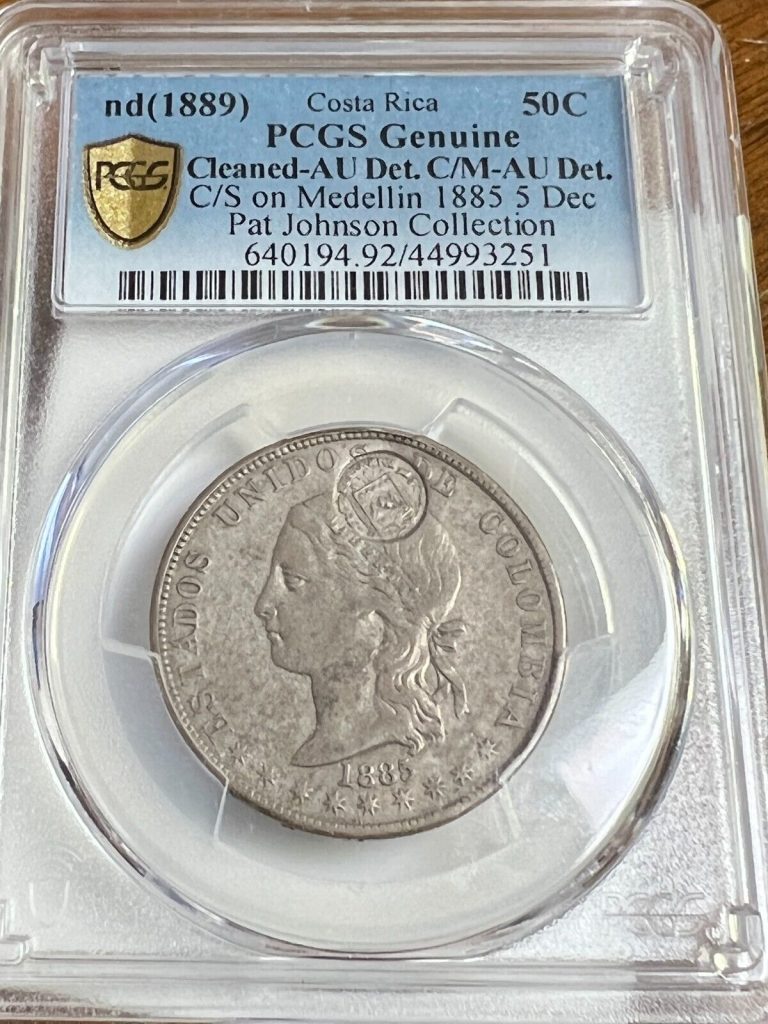 Read more about the article (1889) Costa Rica 50c C/M 1885 Colombia 5 Decimos PCGS AU Detail  Ex-Pat Johnson
