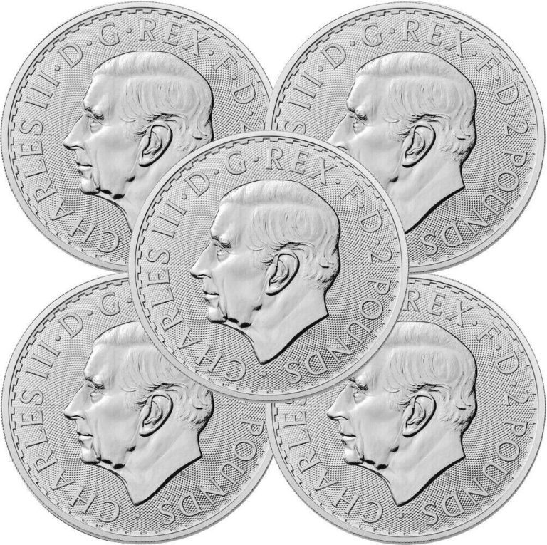 Read more about the article Lot of 5 – 2023 UK 2 Pound 1 oz Fine Silver King Charles Britannia BU – In Stock