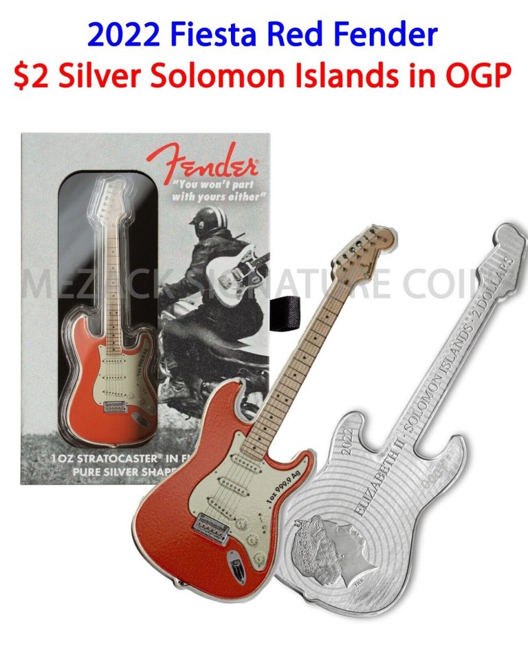 Read more about the article 2022 1 oz Silver Fender Stratocaster Fiesta Red Guitar Coin Solomon Islands Pamp