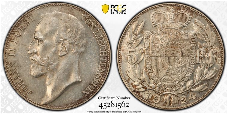 Read more about the article 1924 PCGS AU58 | LIECHTENSTEIN – Silver Johann II 5 Franks Coin #39163A