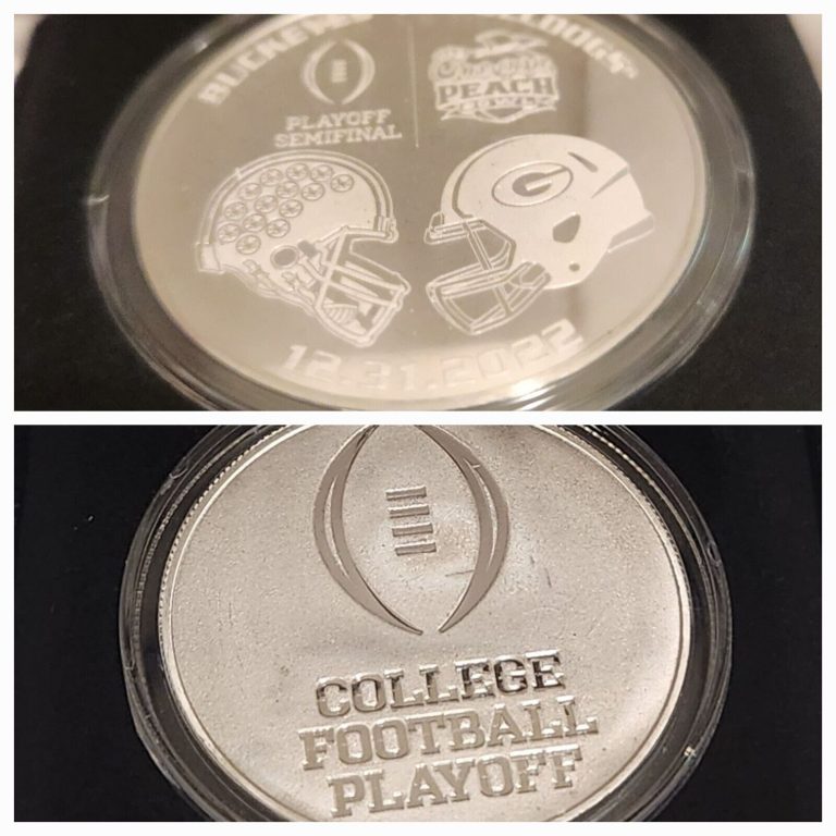 Read more about the article GEORGIA BULLDOGS v OHIO STATE BUCKEYES FULL SIZE COIN OFFICIAL CFP PEACH BOWL