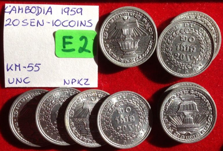 Read more about the article E2 Cambodia; Lot of 10 Coins from Mint Bag – 20 Sen 1959  KM#55  UNC