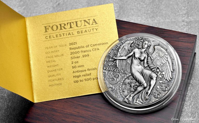 Read more about the article 2021 – Cameroon – FORTUNA- Celestial Beauties series- 2oz  .999 silver- 50mm  HR