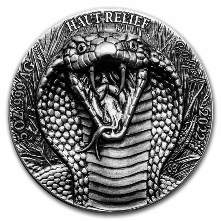 Read more about the article 2022 Ivory Coast 5 oz Antique Silver Big Five Asia: King Cobra – SKU#252835