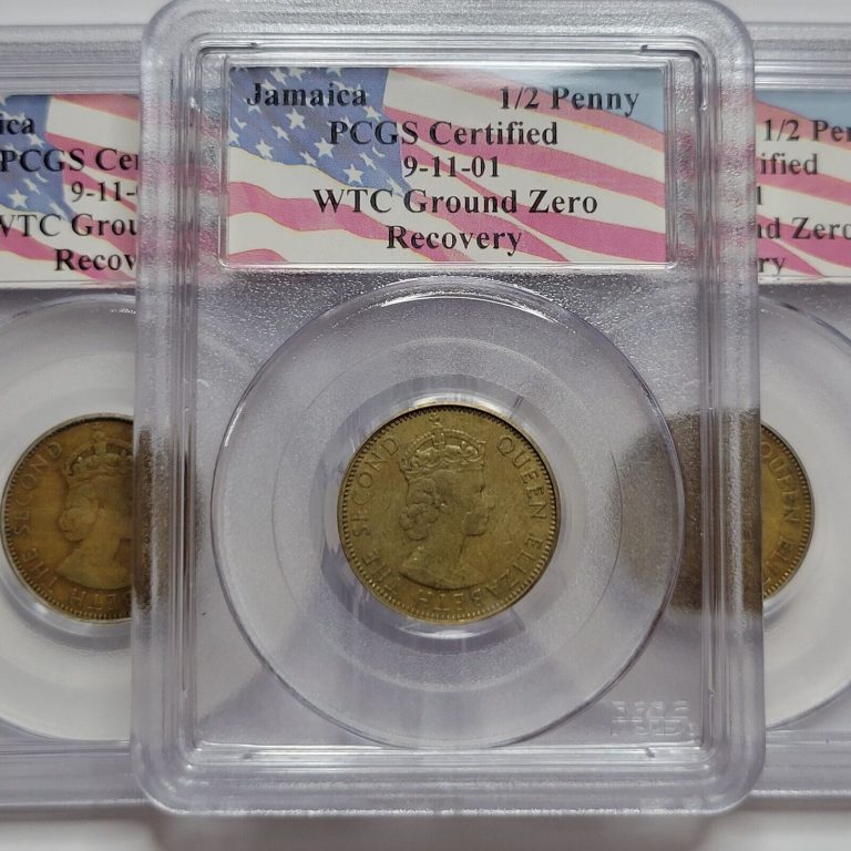 Read more about the article Jamaica 1/2 Penny PCGS WTC Twin Towers 9/11 GROUND ZERO Recovery 9-11-01 (B499)