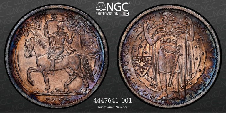 Read more about the article 1929 Czechoslovakia 10 ducat NGC MS64 .987 Silver off-metal strike Toned