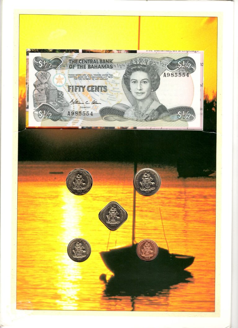 Read more about the article Coins and Note Issue Bahamas 1984 1/2 Dollar P-42 UNC and 5 Coins 1987-1997