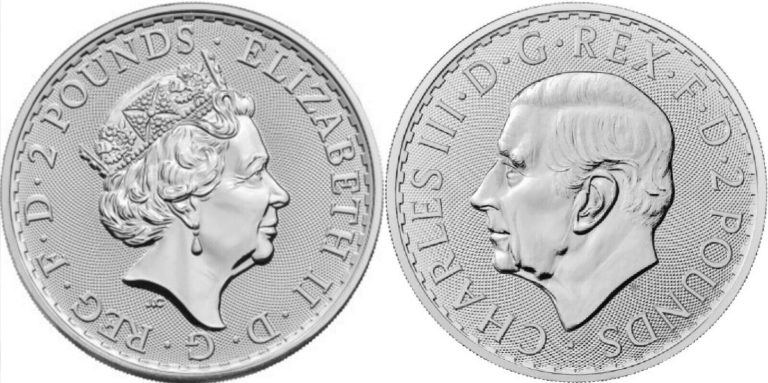 Read more about the article 2 coin set 2023 uk 2 pound silver britannia 1 oz coins QE II and KC III effigy