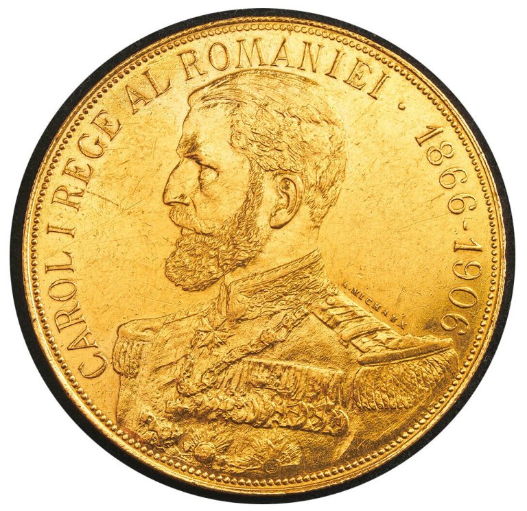 Read more about the article 1906  Kingdom of Romania  Carol I. Large Gold 50 Lei Coin. (16.10gm) NGC AU+