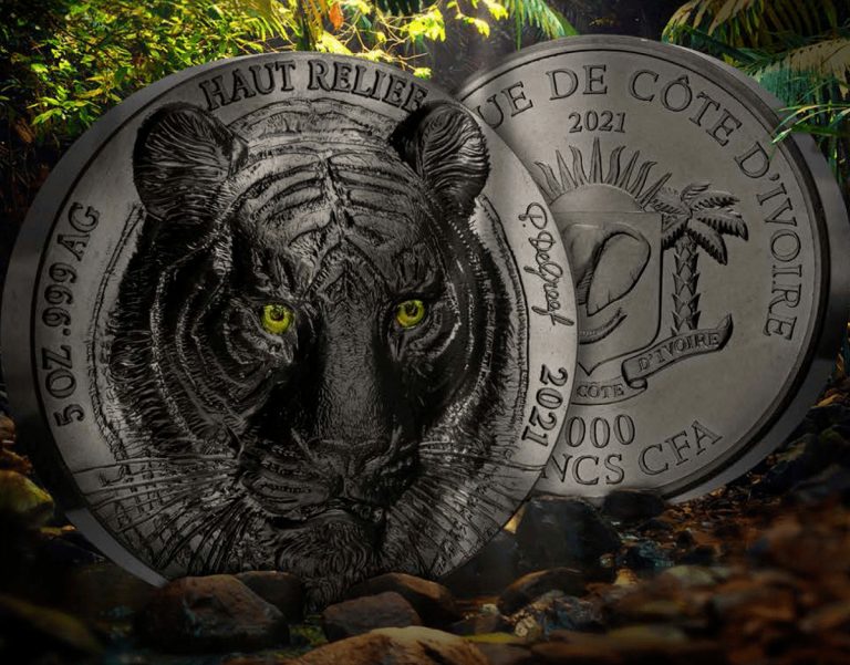 Read more about the article 2021 Ivory Coast Big Five Asian Tiger 5oz Silver Black Silk Finish Coin Mint 500