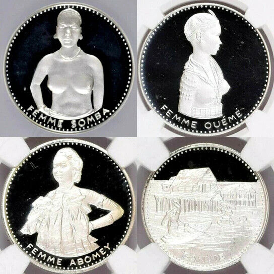 Read more about the article Dahomey 1971 Silver Proof Set 4 Coins 10th Independence Naked Woman NGC PF67-68