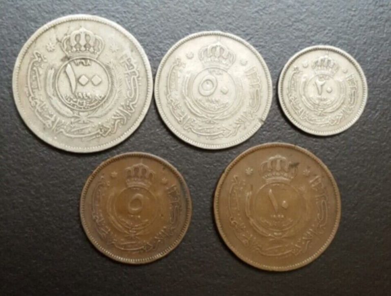 Read more about the article 1949 JORDAN SET OF 5 COINS AH-1368 FIRST ISSUE 5 10 20 50 100 FILS KM 3 4 5 6 7