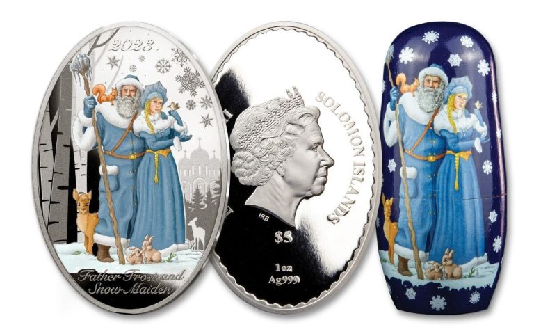 Read more about the article 2023 Solomon Islands Father Frost 1 oz Silver Proof Coin w/ wood Matryoshka Doll