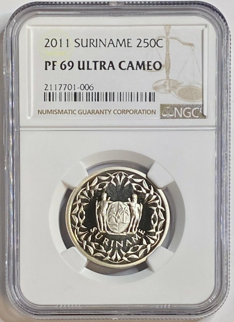 Read more about the article 2011 SURINAME 250 CENT PF69 ULTRA CAMEO NGC CERTIFIED COIN ONLY 2 GRADED HIGHER