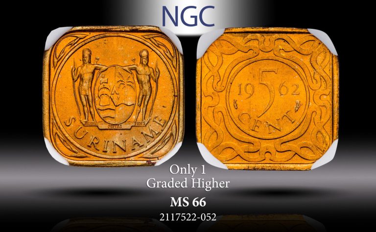 Read more about the article 1962 SURINAME 5 CENT MS 66 NGC TONED COIN ONLY 1 GRADED HIGHER