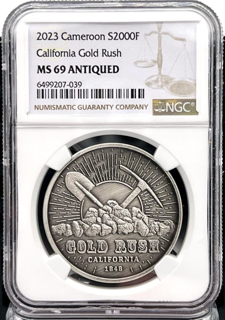 Read more about the article 2023 Cameroon California Gold Rush Antiqued 1 oz silver coin – NGC MS 69