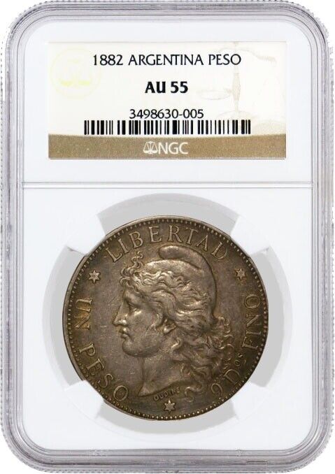 Read more about the article 1882 Argentina 1 Peso Silver NGC AU55 About Uncirculated Coin