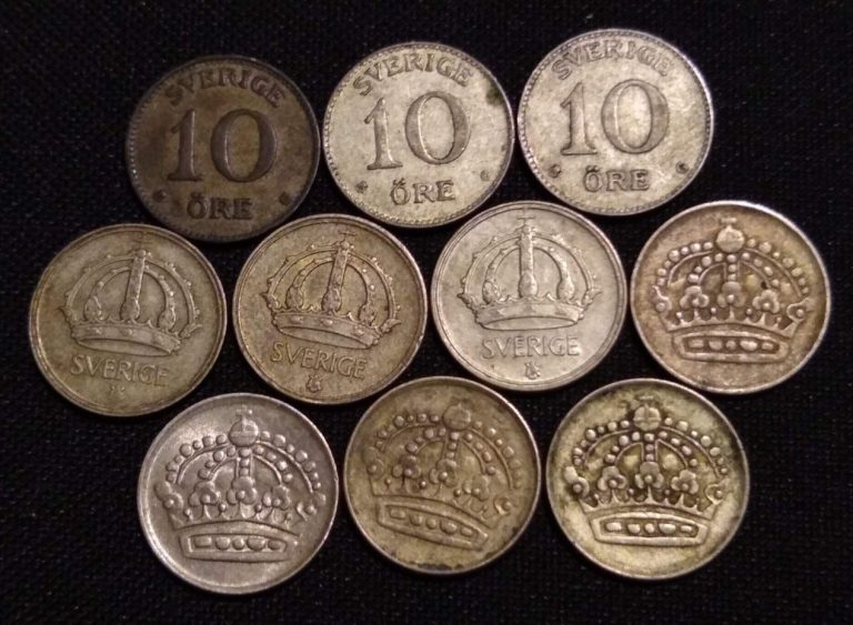 Read more about the article 10x sweden silver 10 ore of krona dime coins 7 different dates 3 types 1935 etc.