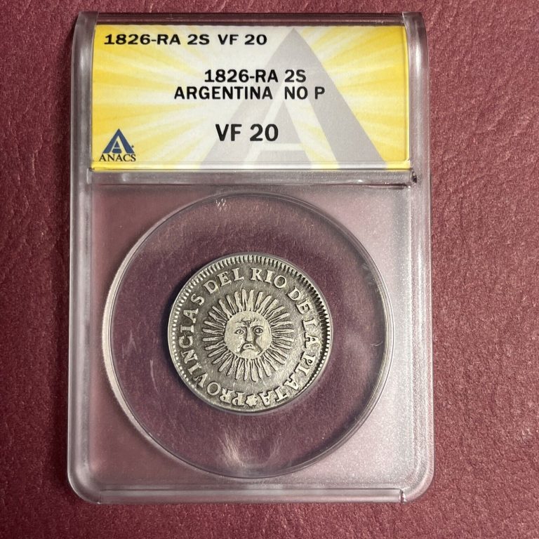 Read more about the article Argentina 2 Soles 1826 RA No P Graded ANACS VF20 La Rioja beautiful sunface