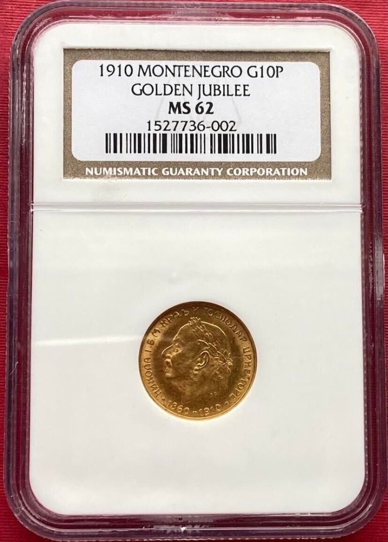 Read more about the article YUGOSLAVIA – MONTENEGRO   GOLD 10 PERPARA 1910 REIGN 50TH ANNI NGC MS 62   RARE5