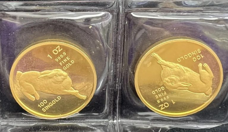 Read more about the article 2-1987 SINGAPORE ~ 100 SINGOLD ~ YEAR OF RABBIT ~ 1oz GOLD EACH ~ 0116