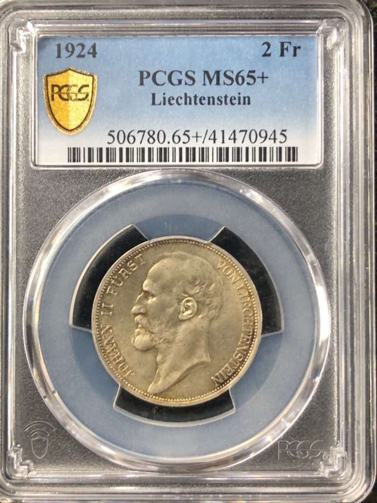 Read more about the article 1924 Liechtenstein PCGS MS65+ 2 Franc  Johan II Furst Von Rare Silver World Coin