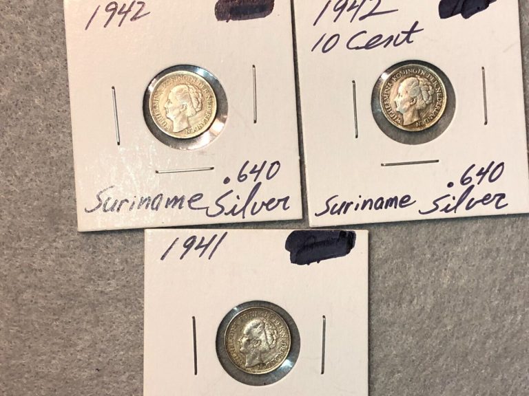 Read more about the article 3x *Suriname Silver Coins** 1941 /1942 (3 Coins)  10 Cents – (.64% Silver)  NICE